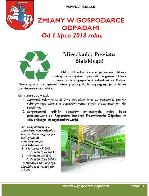 ulotka - zmiany w gospodarce odpadami od 1 lipca 2013 roku